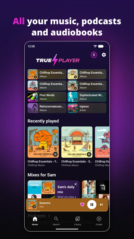 The home screen with music, podcasts and audiobooks